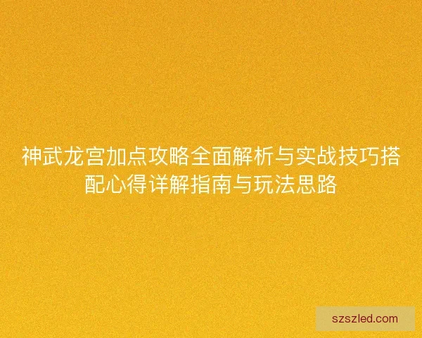 神武龙宫加点攻略全面解析与实战技巧搭配心得详解指南与玩法思路